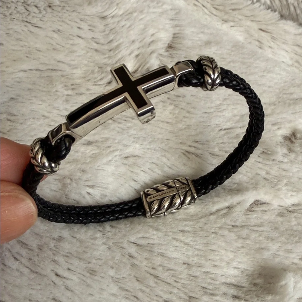 David Yurman Black Leather Bracelet with Silver Cross Accent
